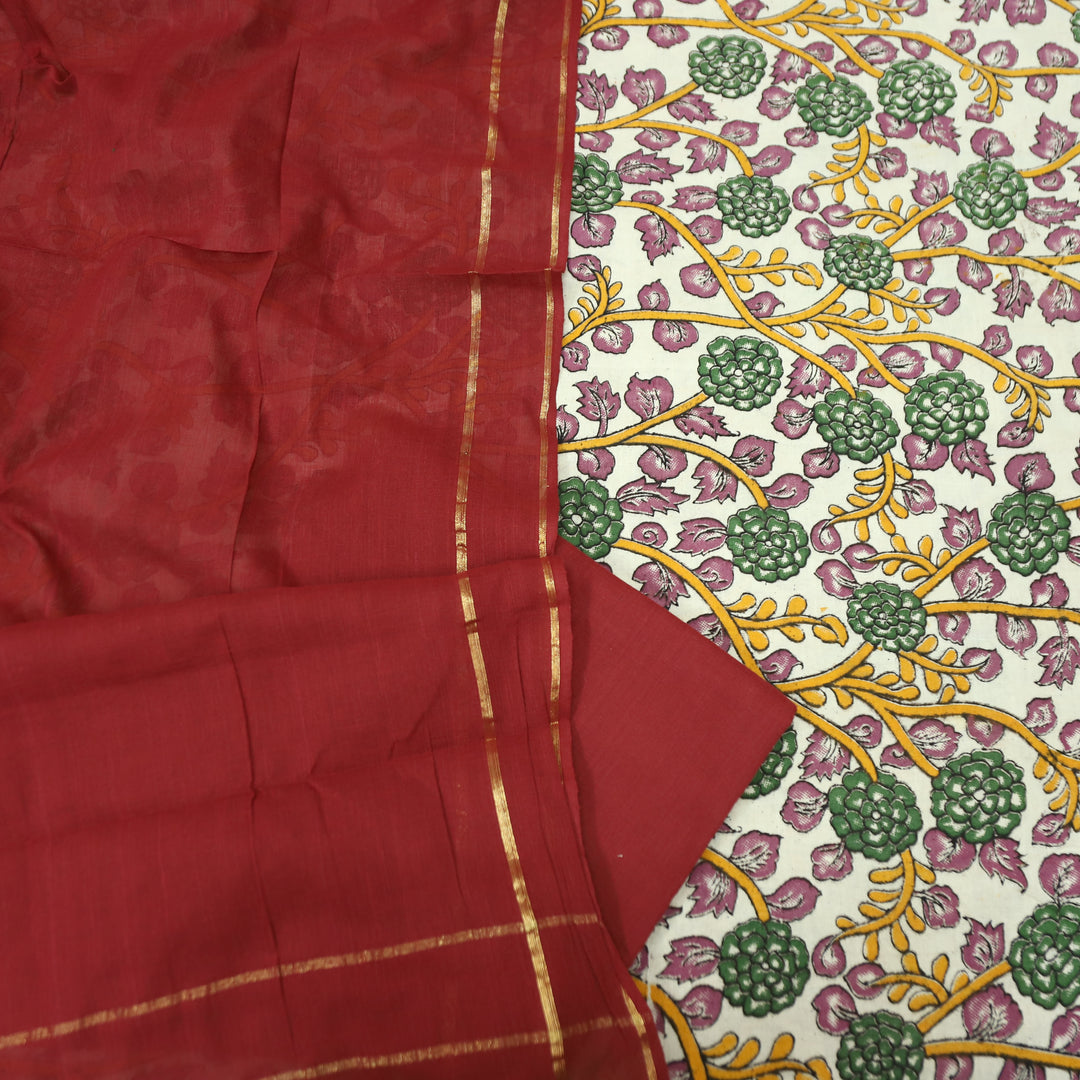 Vashudhara Pearl White All Over Floral Kalamkari Printed Work South Cotton Set