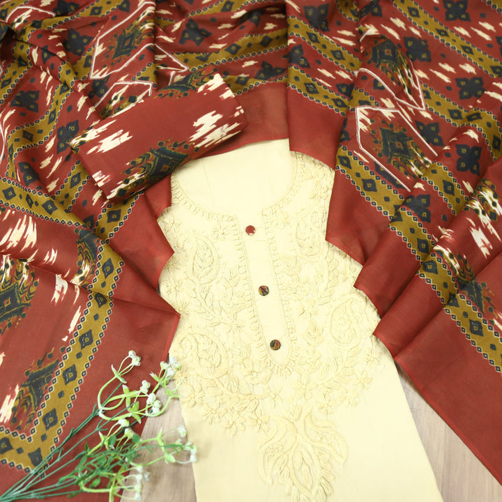 Kiara Sand Beige and Embroidered with Button Work Cotton Set