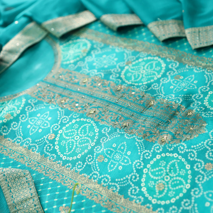 Noorani Crystel Aqua Zari Weaved Panale Style Bandhai Print Muslin Set