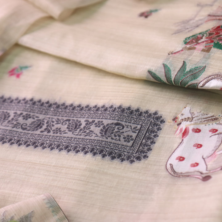Kush Skin Beige Pichwai Authentic Jamdani Weaved Hem Chanderi Suit Set