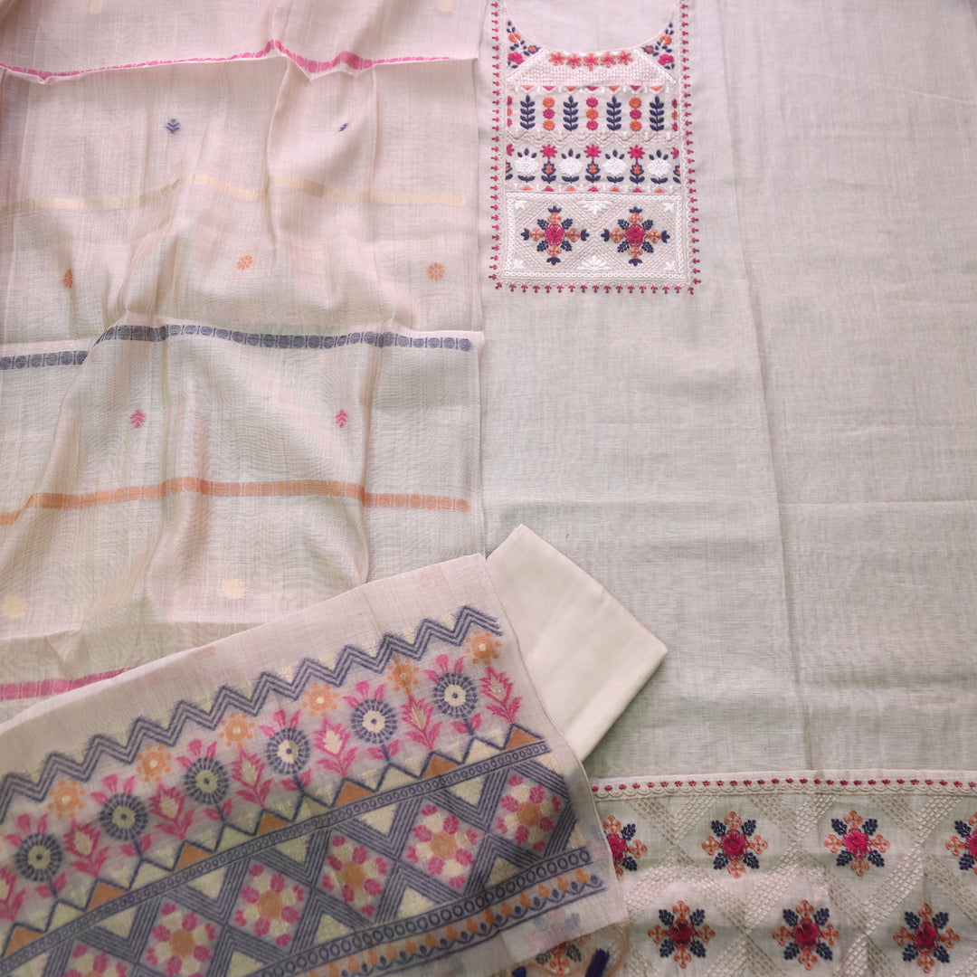 Dua Beige With Blue Thread Embroidered Neck Work Cotton Linen Suit Set