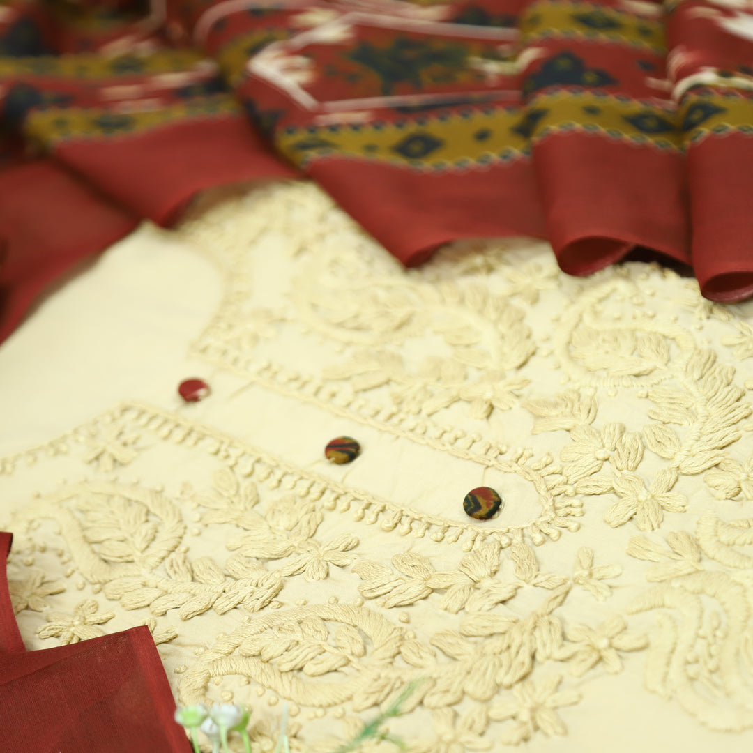 Kiara Sand Beige and Embroidered with Button Work Cotton Set