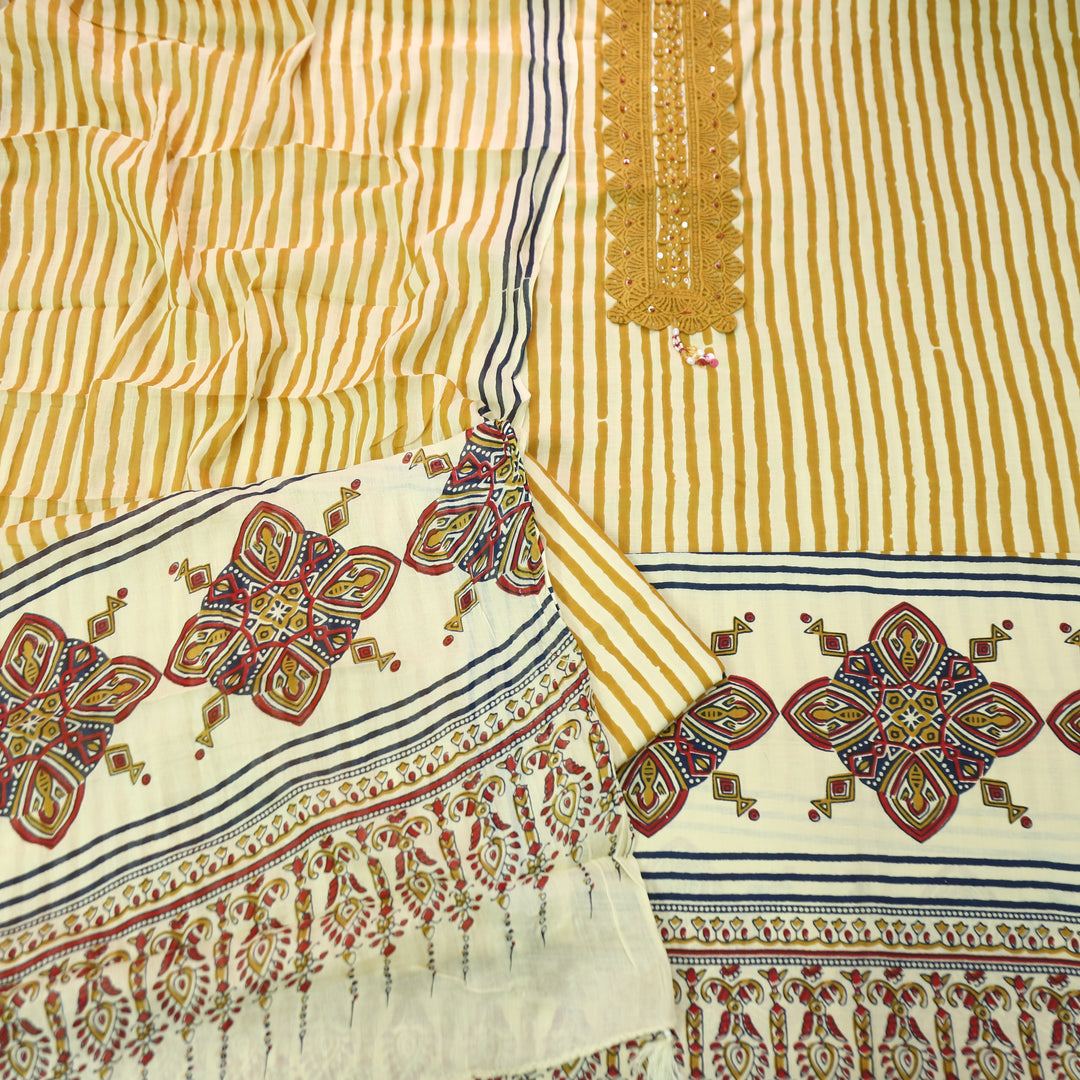 Haseena Mustard Beige Stripe Print with Lace Work Cotton Set