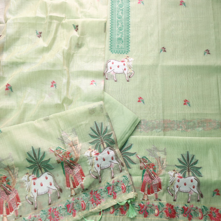 Kush Mint Green Pichwai Authentic Jamdani Weaved Hem Chanderi Suit Set