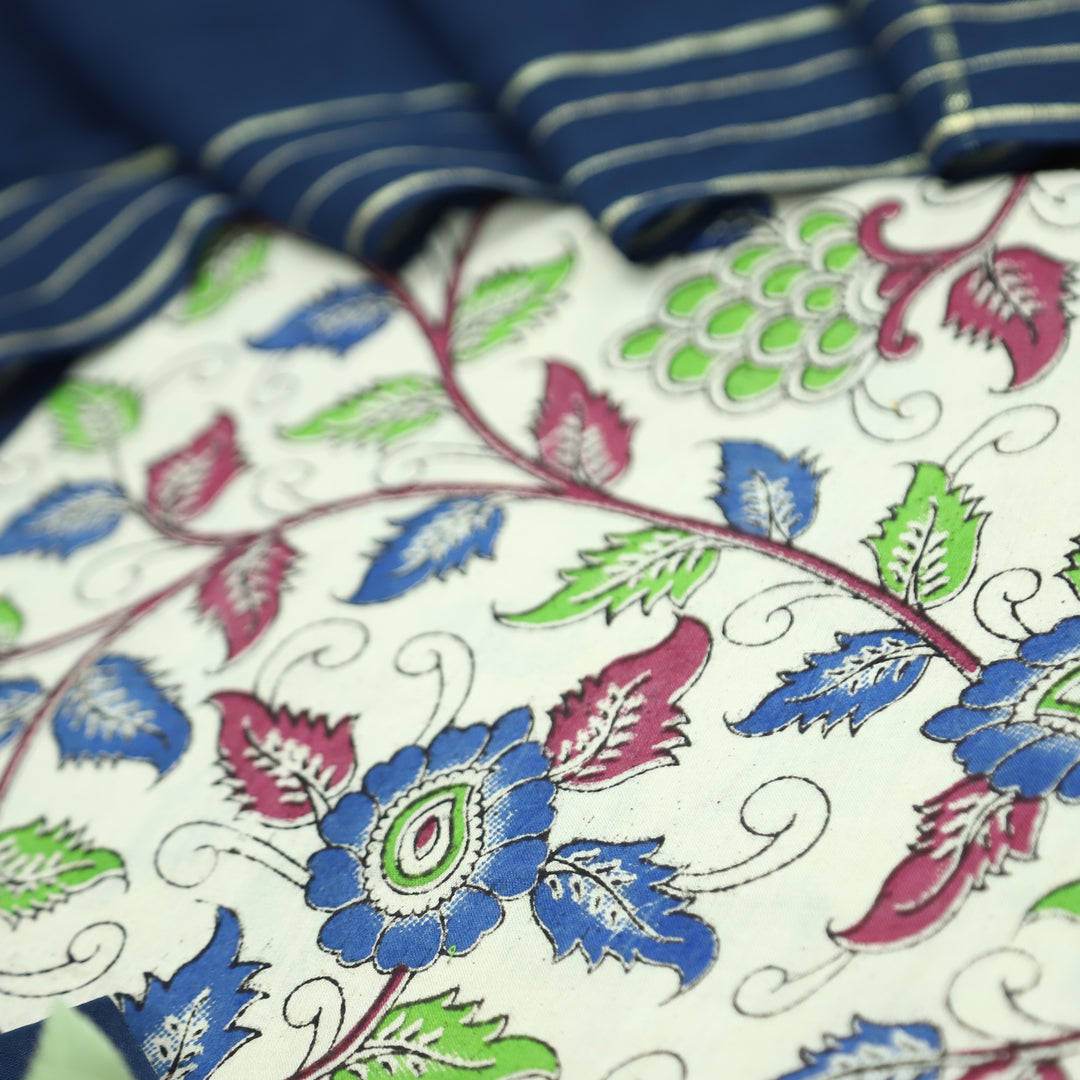 Vashudhara Shell White All Over Floral Kalamkari Printed Work South Cotton Set