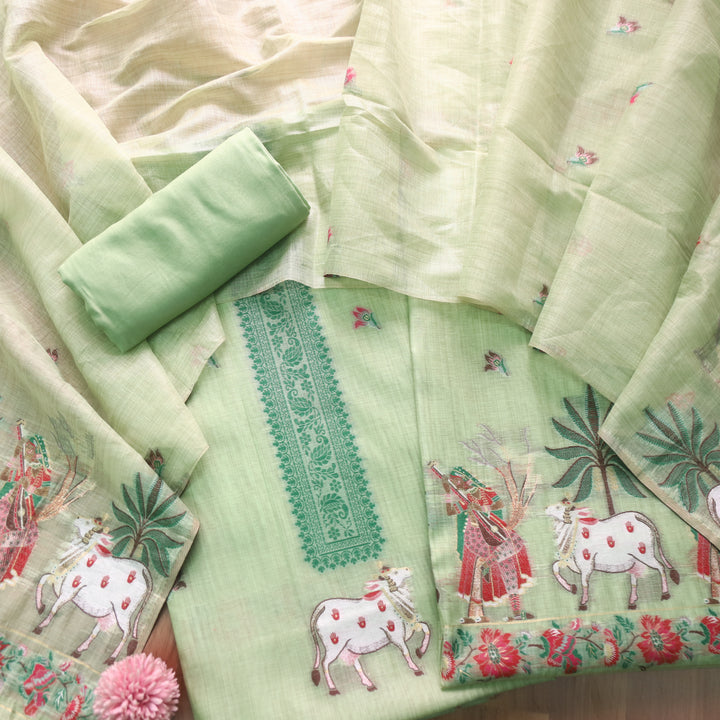 Kush Mint Green Pichwai Authentic Jamdani Weaved Hem Chanderi Suit Set