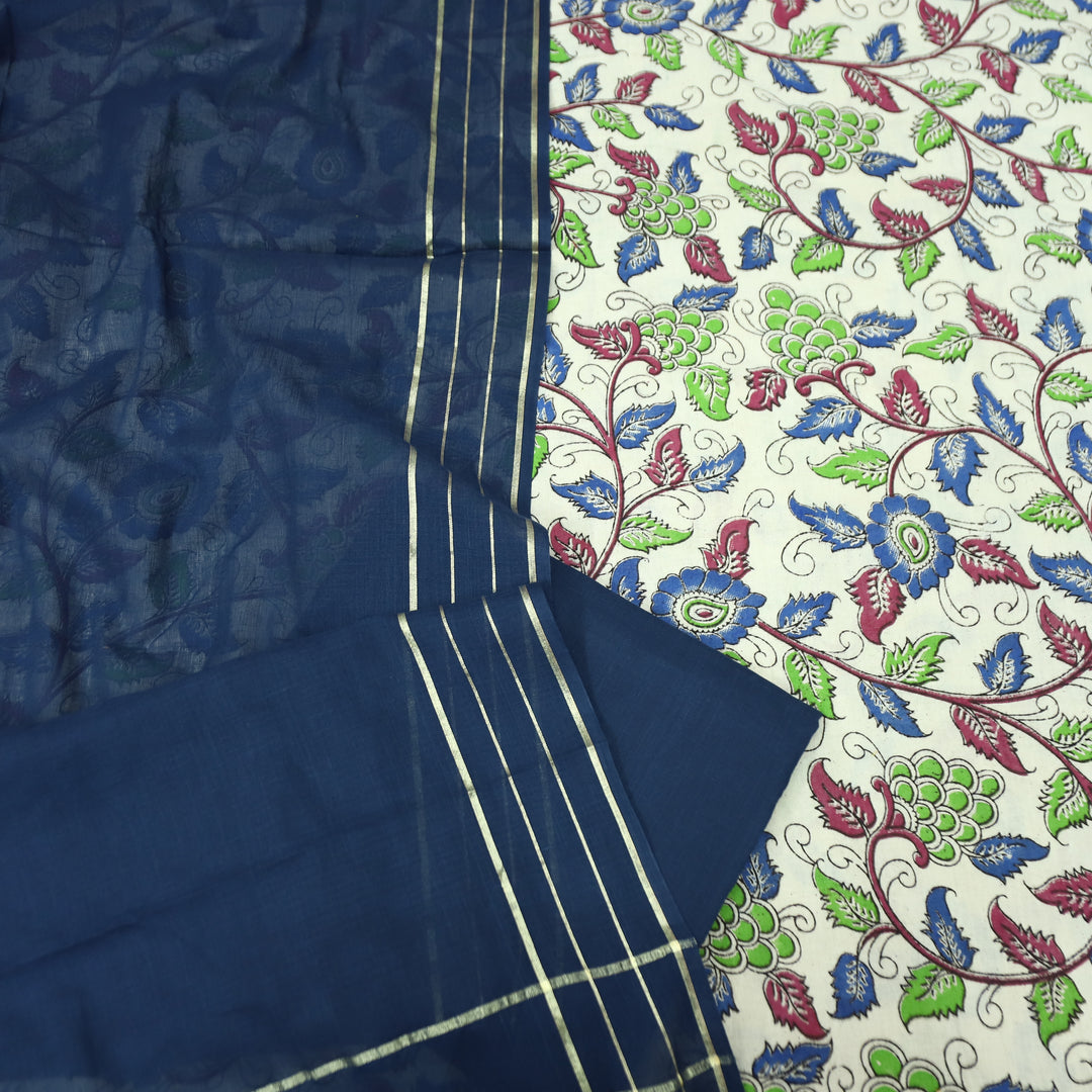 Vashudhara Shell White All Over Floral Kalamkari Printed Work South Cotton Set