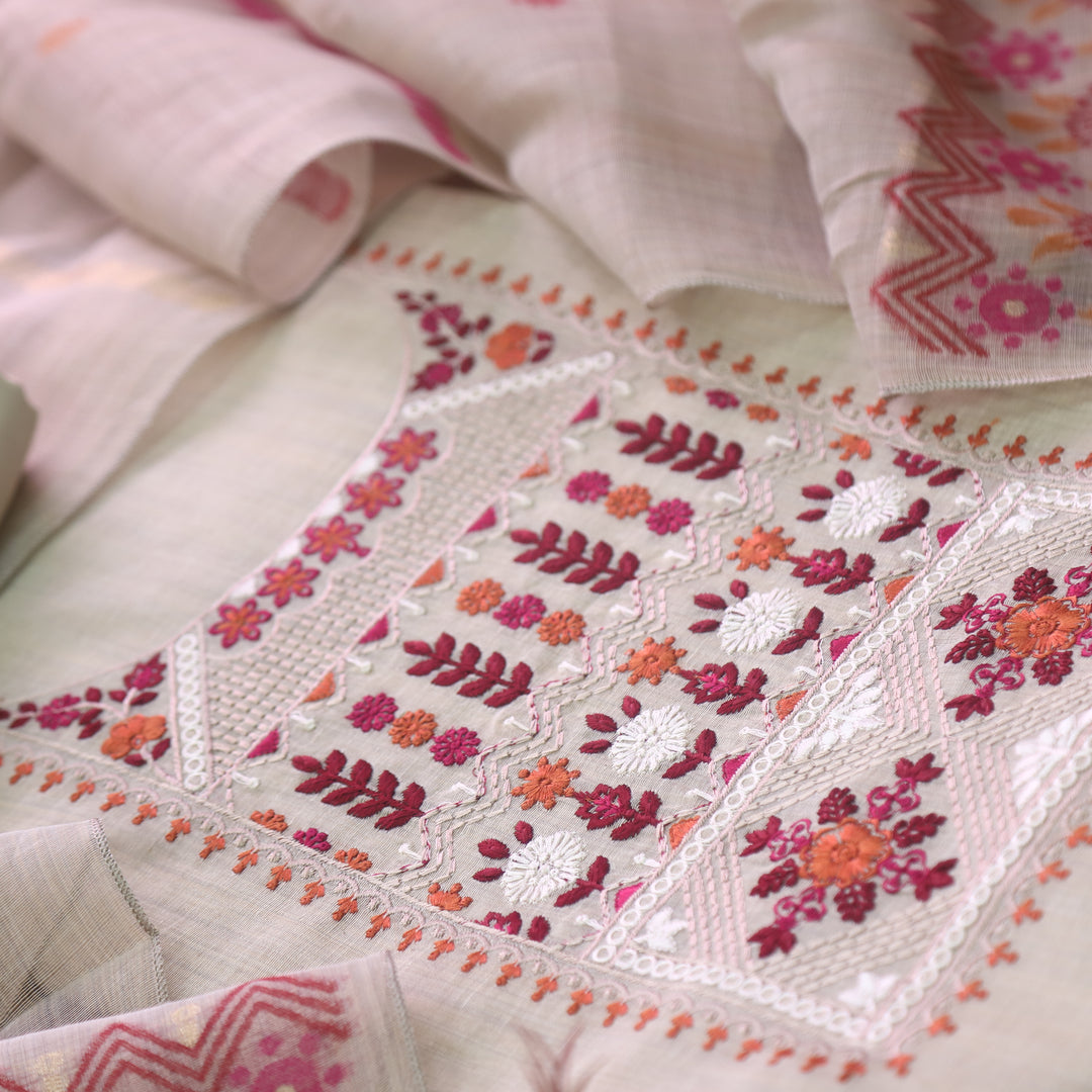 Dua Beige With Red Thread Embroidered Neck Work Cotton Linen Suit Set