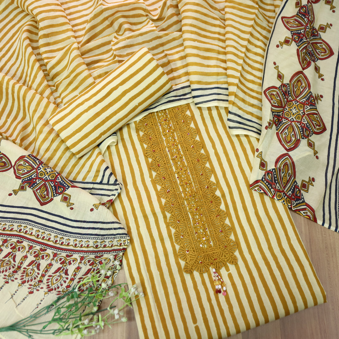 Haseena Mustard Beige Stripe Print with Lace Work Cotton Set