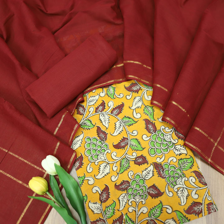 Vashudhara Dandelion Yellow All Over Floral Kalamkari Printed Work South Cotton Set