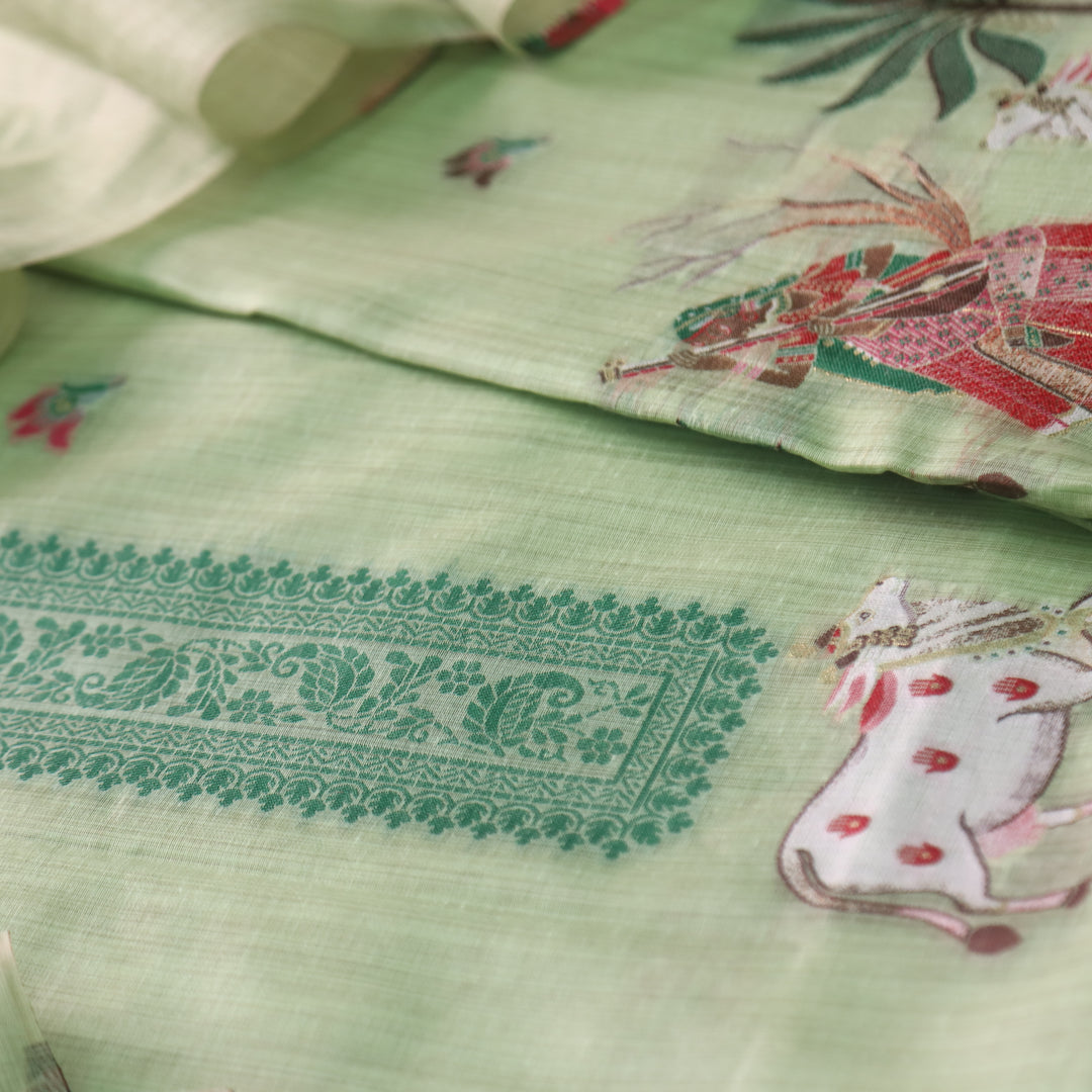 Kush Mint Green Pichwai Authentic Jamdani Weaved Hem Chanderi Suit Set
