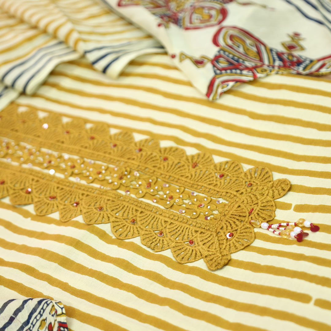 Haseena Mustard Beige Stripe Print with Lace Work Cotton Set