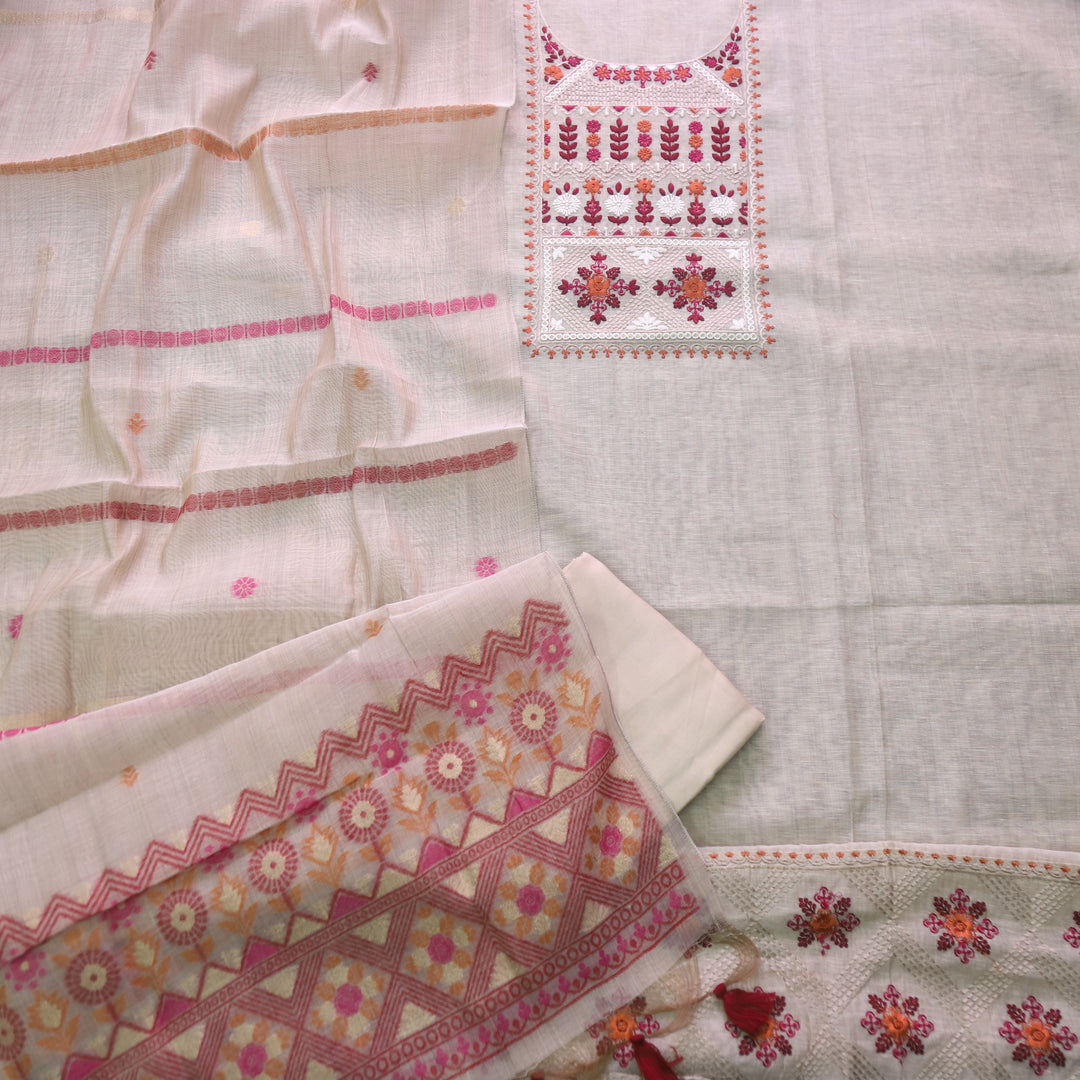 Dua Beige With Red Thread Embroidered Neck Work Cotton Linen Suit Set