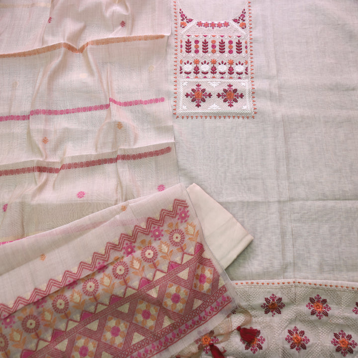 Dua Beige With Red Thread Embroidered Neck Work Cotton Linen Suit Set