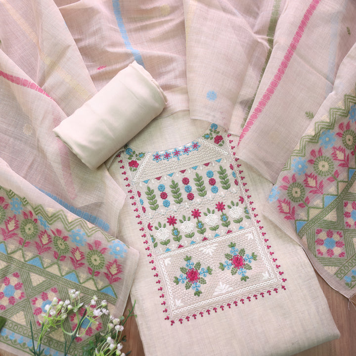 Dua Beige With Green Thread Embroidered Neck Work Cotton Linen Suit Set