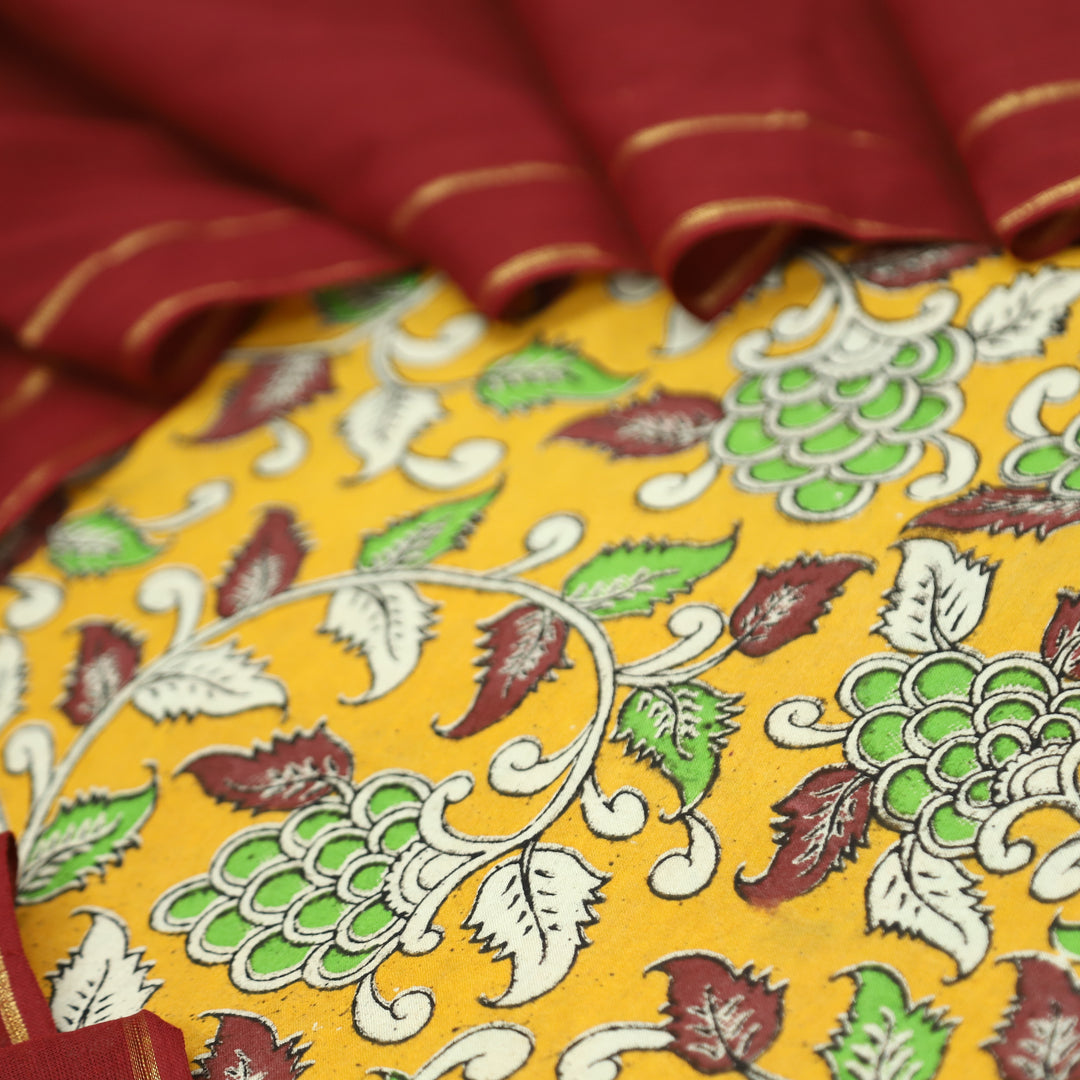 Vashudhara Dandelion Yellow All Over Floral Kalamkari Printed Work South Cotton Set