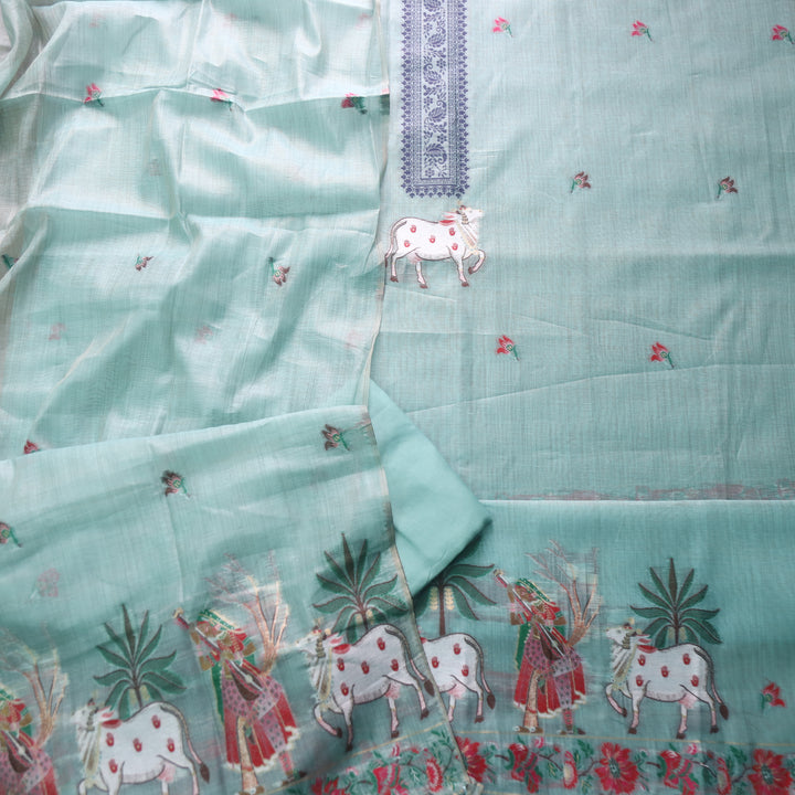 Kush Azure Blue Pichwai Authentic Jamdani Weaved Hem Chanderi Suit Set