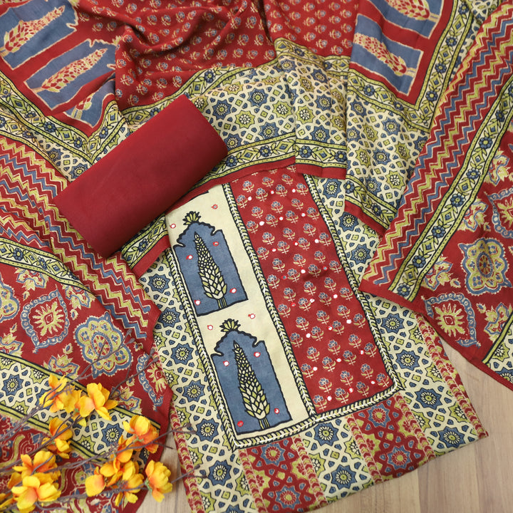 Kajol Berry Red Mughal Digital Panel Style Print Muslin Set