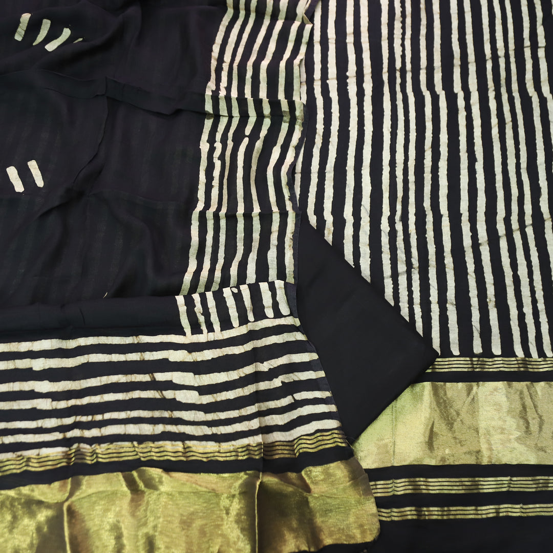 Sadafq Black Stripe Print Brocade Woven Hem Jam Satin Set