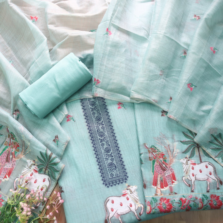 Kush Azure Blue Pichwai Authentic Jamdani Weaved Hem Chanderi Suit Set