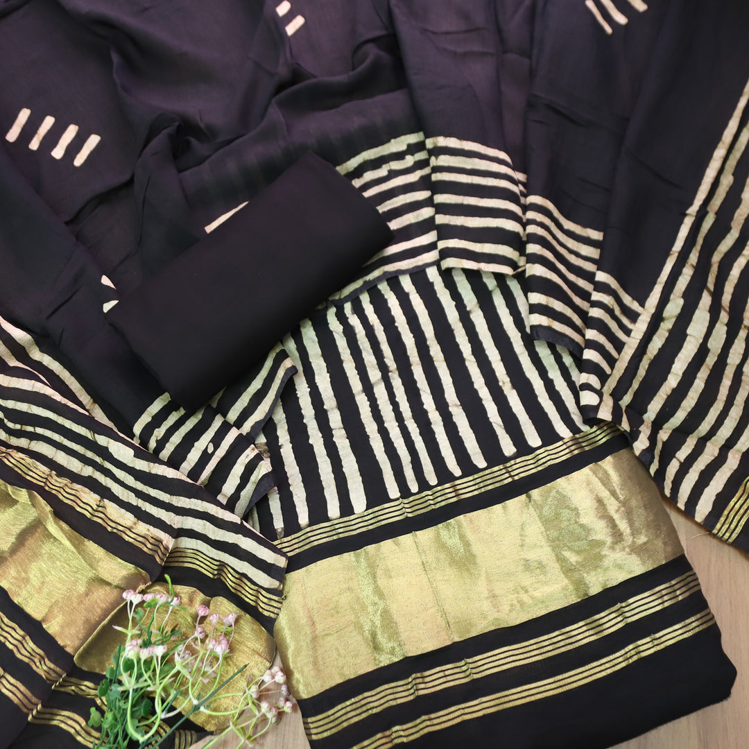 Sadafq Black Stripe Print Brocade Woven Hem Jam Satin Set