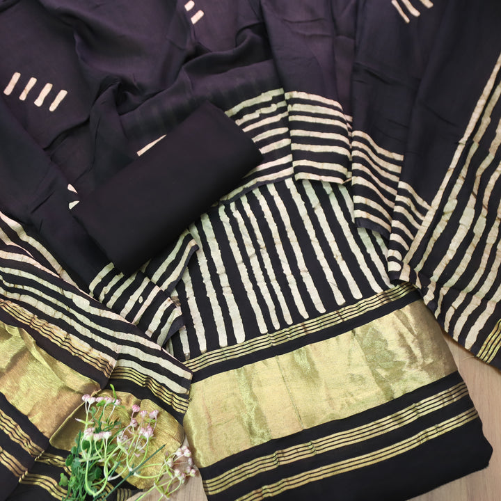Sadafq Black Stripe Print Brocade Woven Hem Jam Satin Set