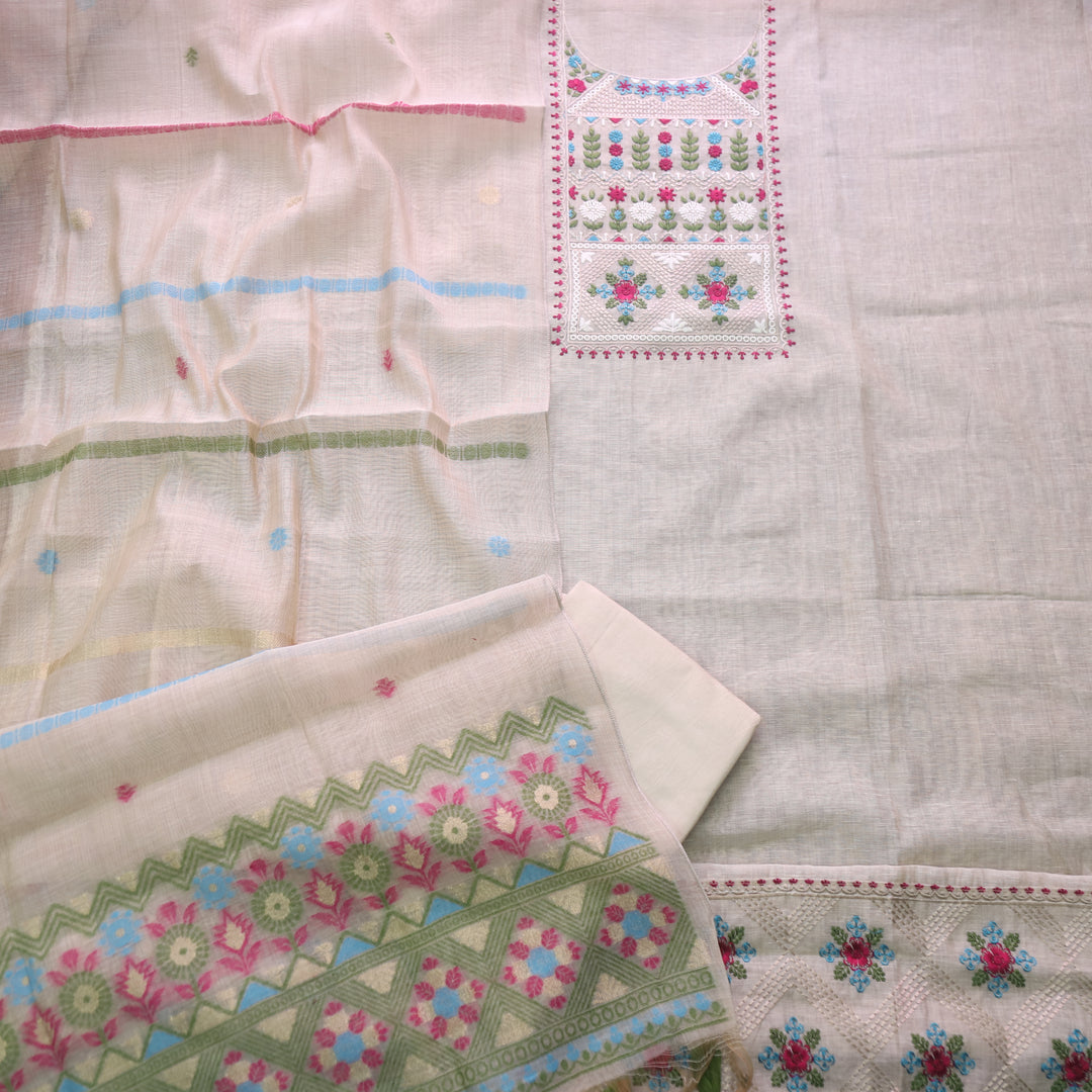 Dua Beige With Green Thread Embroidered Neck Work Cotton Linen Suit Set