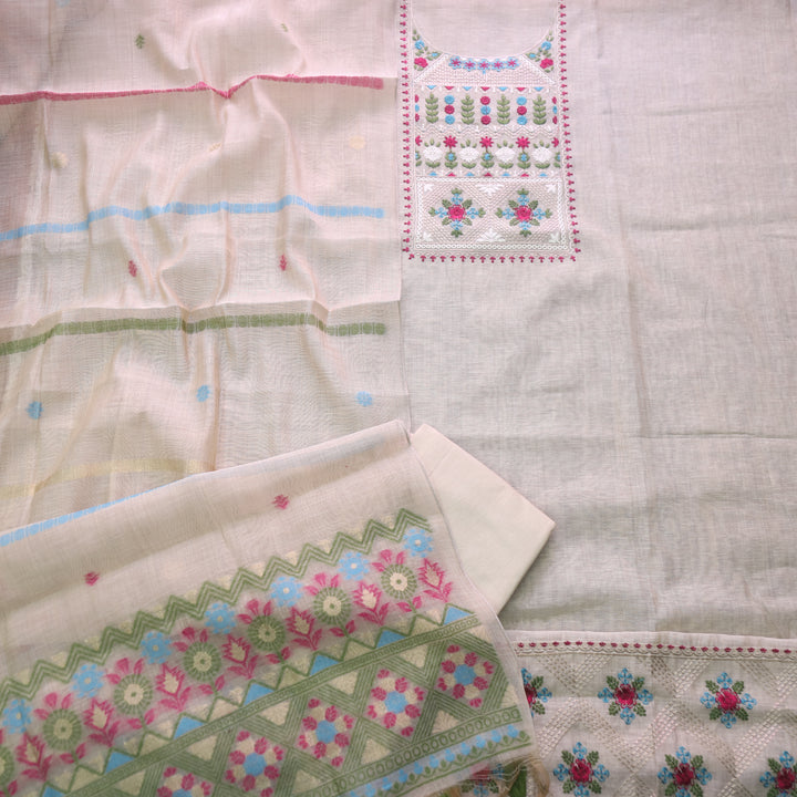 Dua Beige With Green Thread Embroidered Neck Work Cotton Linen Suit Set