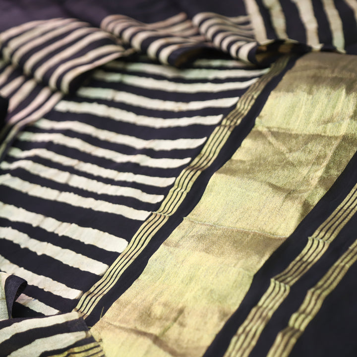 Sadafq Black Stripe Print Brocade Woven Hem Jam Satin Set