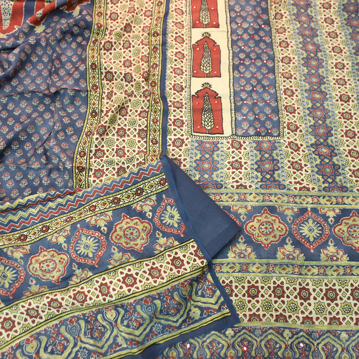 Kajol Navy Blue Mughal Digital Panel Style Print Muslin Set