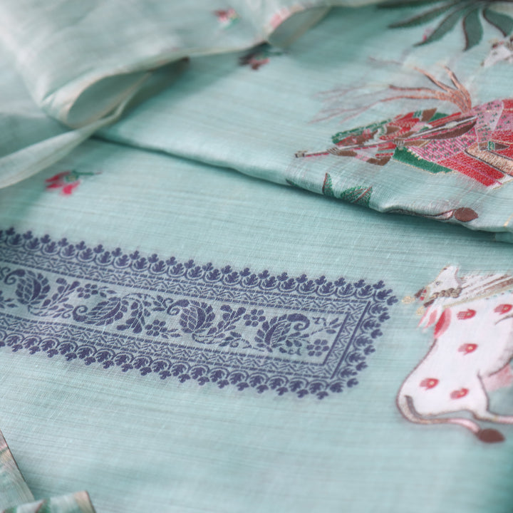 Kush Azure Blue Pichwai Authentic Jamdani Weaved Hem Chanderi Suit Set