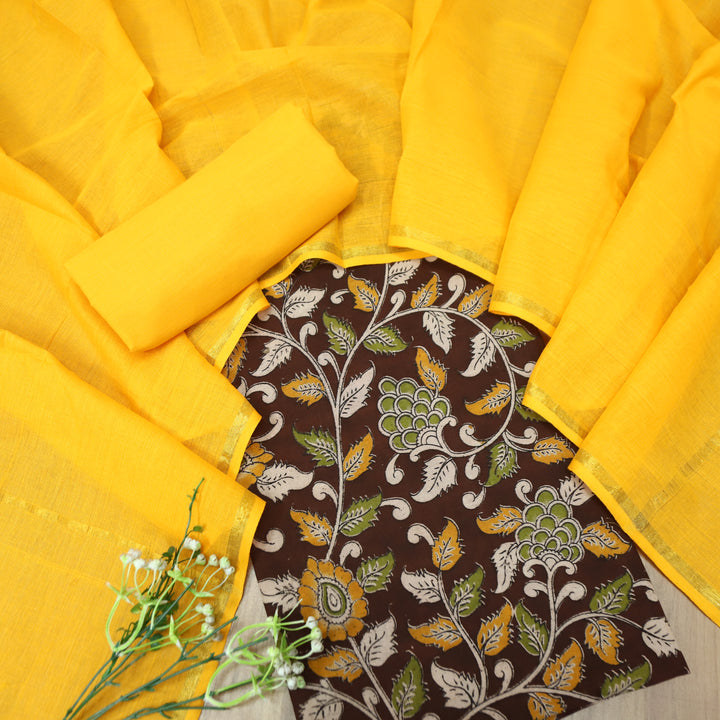 Vashudhara Burgundy Maroon All Over Floral Kalamkari Printed Work South Cotton Set