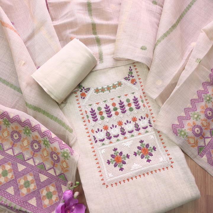 Dua Beige With Purple Thread Embroidered Neck Work Cotton Linen Suit Set