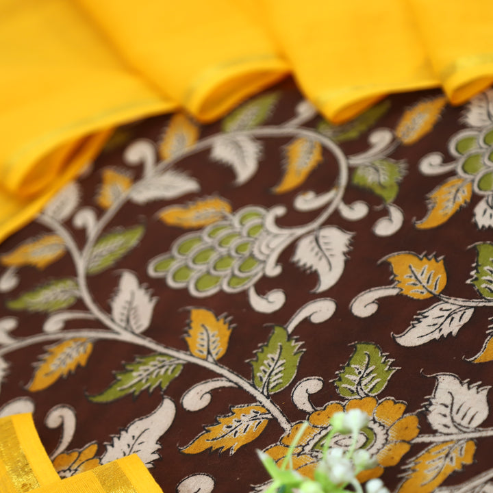 Vashudhara Burgundy Maroon All Over Floral Kalamkari Printed Work South Cotton Set