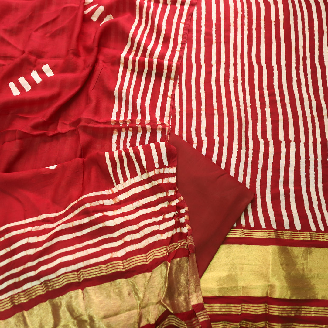 Sadafq Red Stripe Print Brocade Woven Hem Jam Satin Set