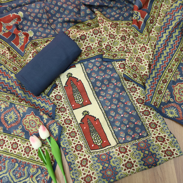 Kajol Navy Blue Mughal Digital Panel Style Print Muslin Set