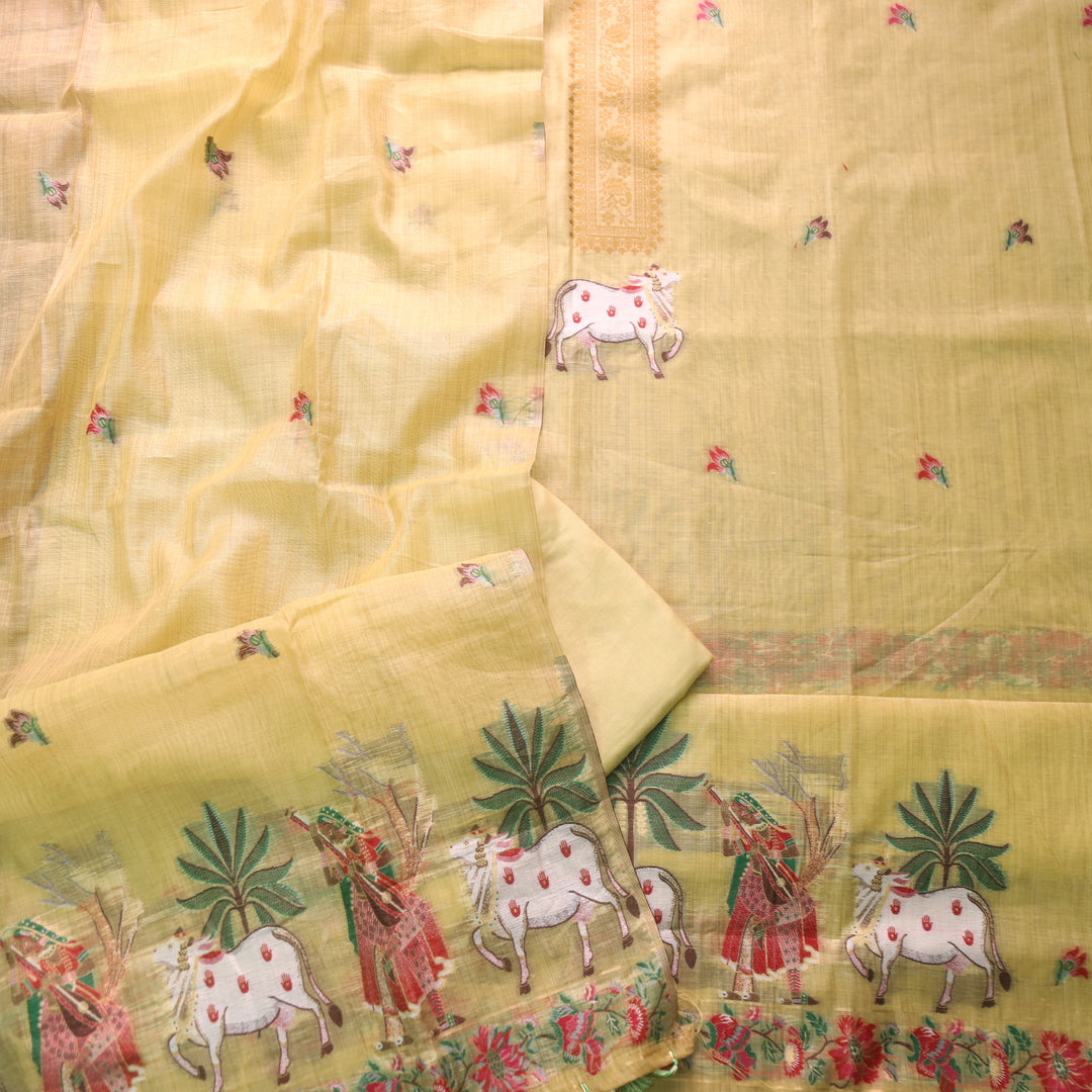 Kush Butter Yellow Pichwai Authentic Jamdani Weaved Hem Chanderi Suit Set