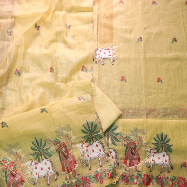 Kush Butter Yellow Pichwai Authentic Jamdani Weaved Hem Chanderi Suit Set