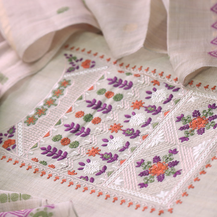 Dua Beige With Purple Thread Embroidered Neck Work Cotton Linen Suit Set