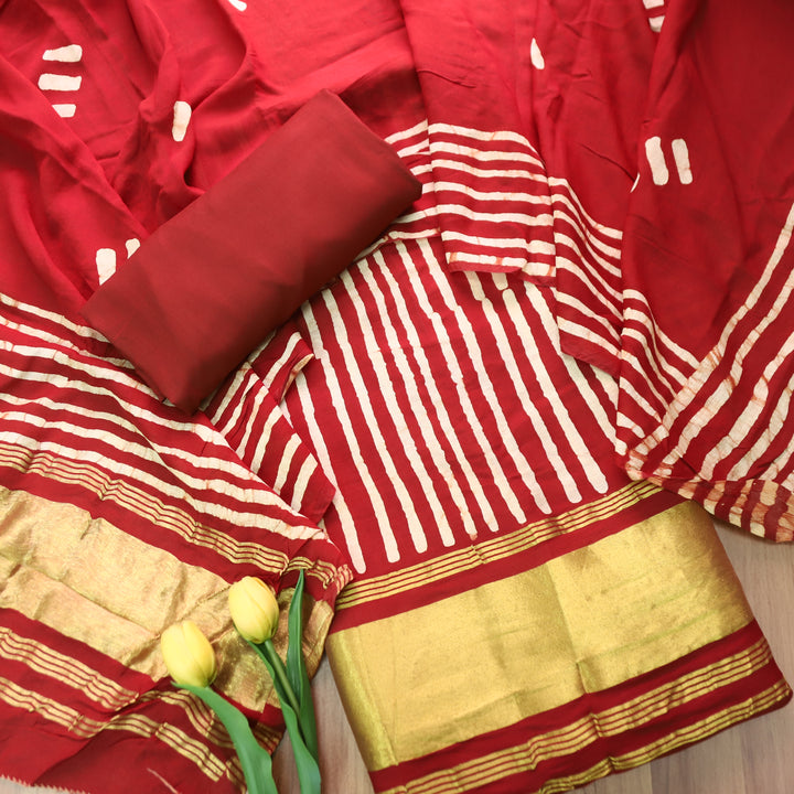 Sadafq Red Stripe Print Brocade Woven Hem Jam Satin Set