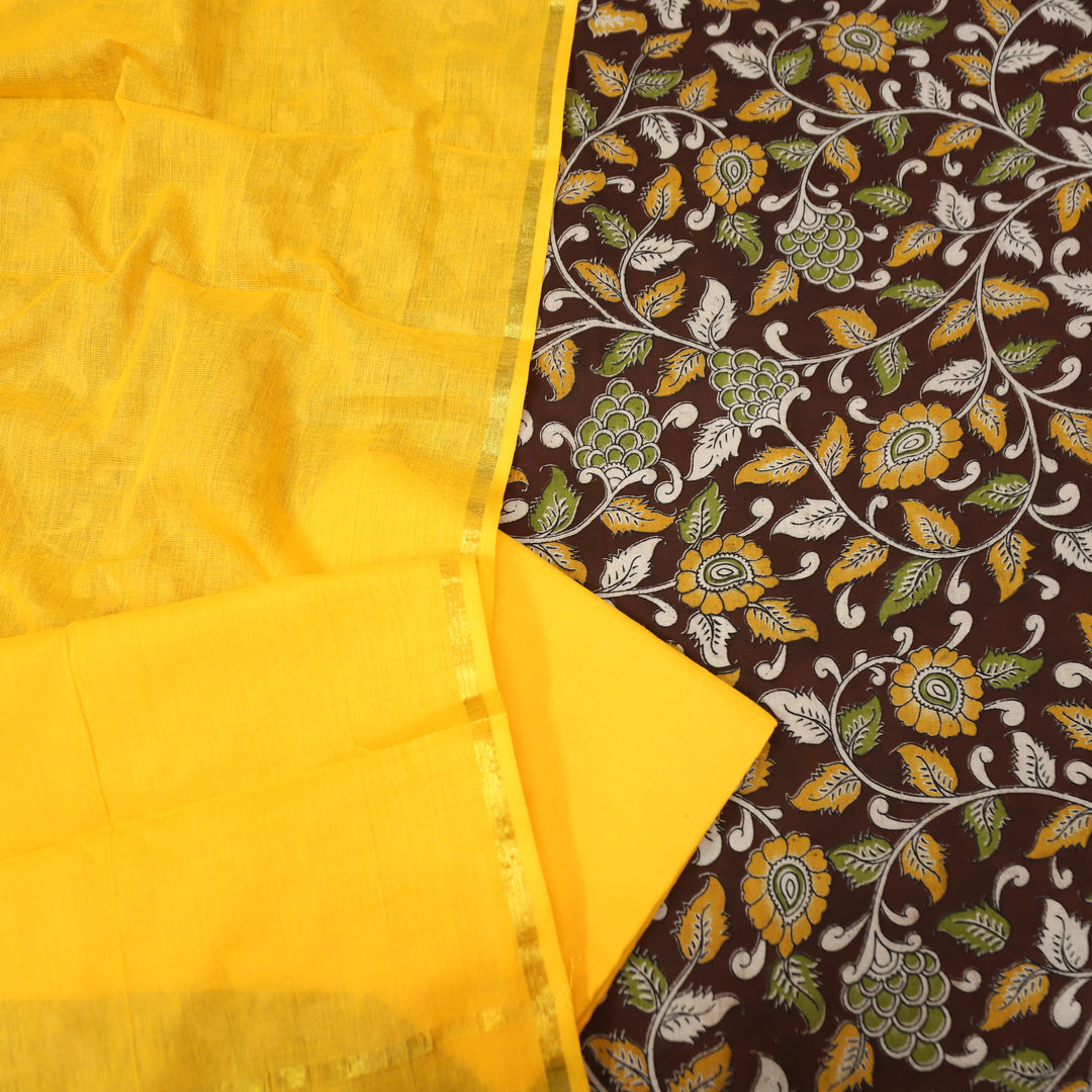 Vashudhara Burgundy Maroon All Over Floral Kalamkari Printed Work South Cotton Set