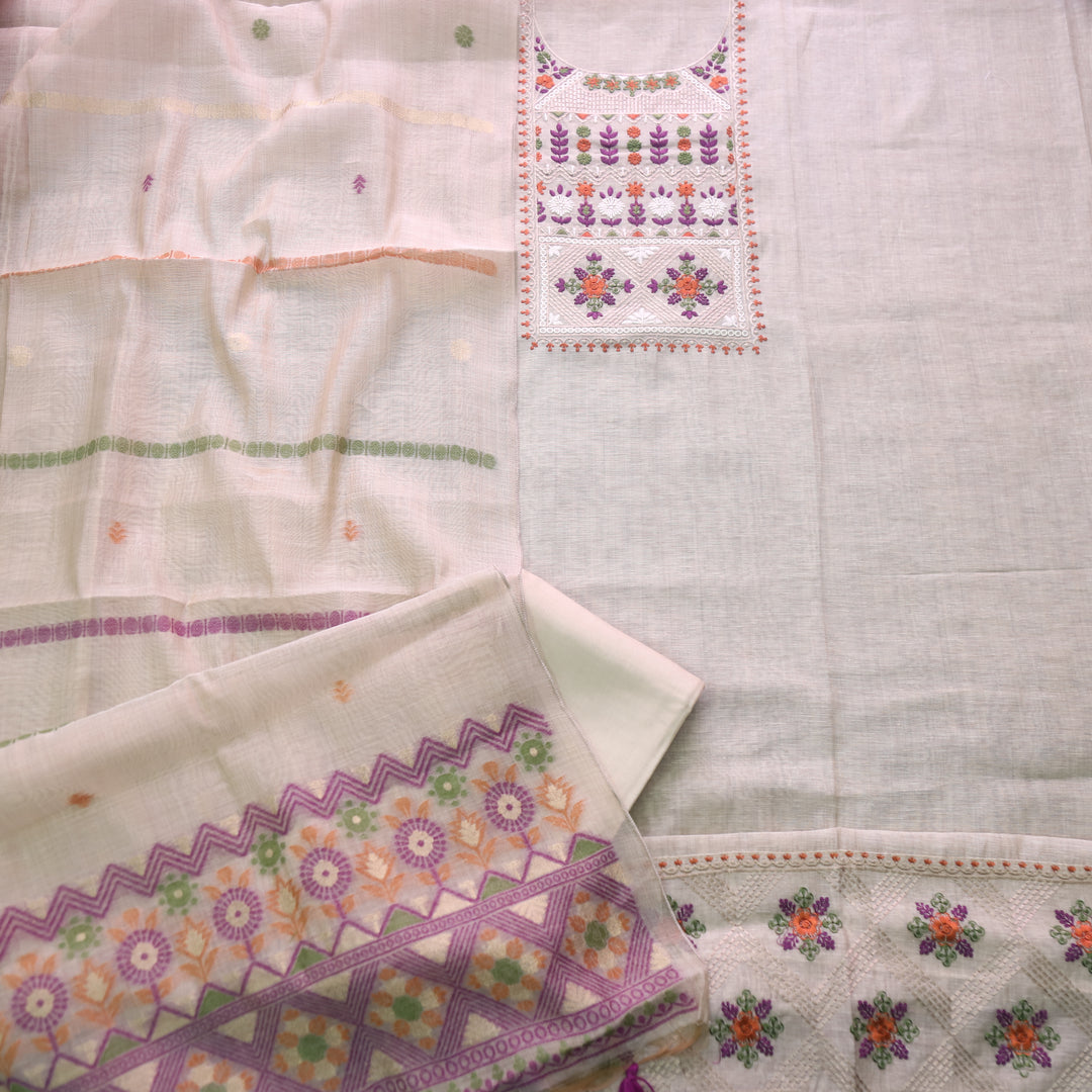Dua Beige With Purple Thread Embroidered Neck Work Cotton Linen Suit Set