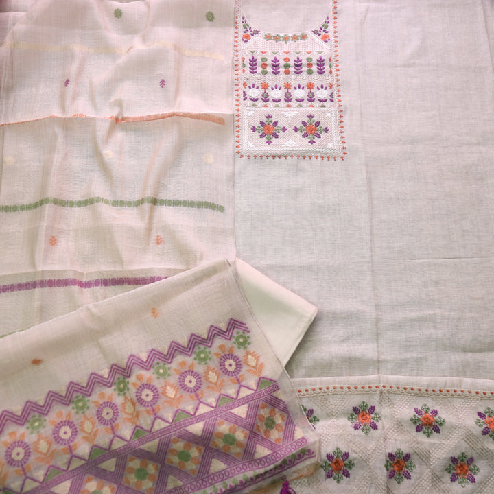 Dua Beige With Purple Thread Embroidered Neck Work Cotton Linen Suit Set