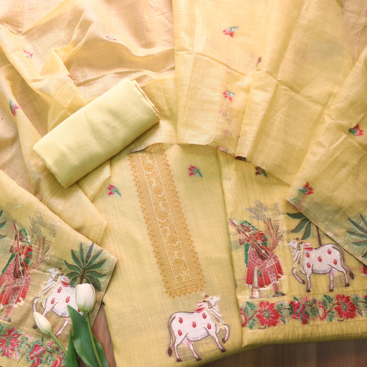 Kush Butter Yellow Pichwai Authentic Jamdani Weaved Hem Chanderi Suit Set