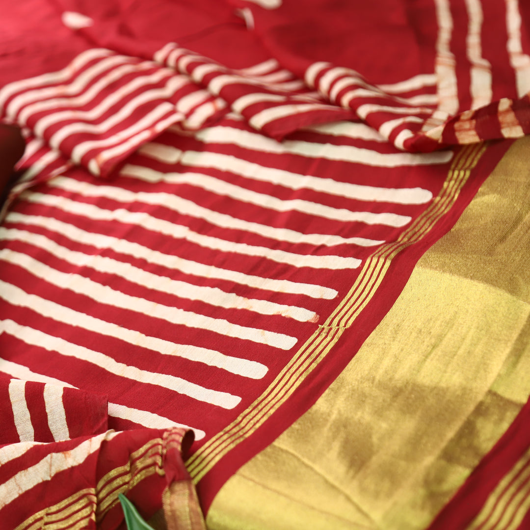 Sadafq Red Stripe Print Brocade Woven Hem Jam Satin Set