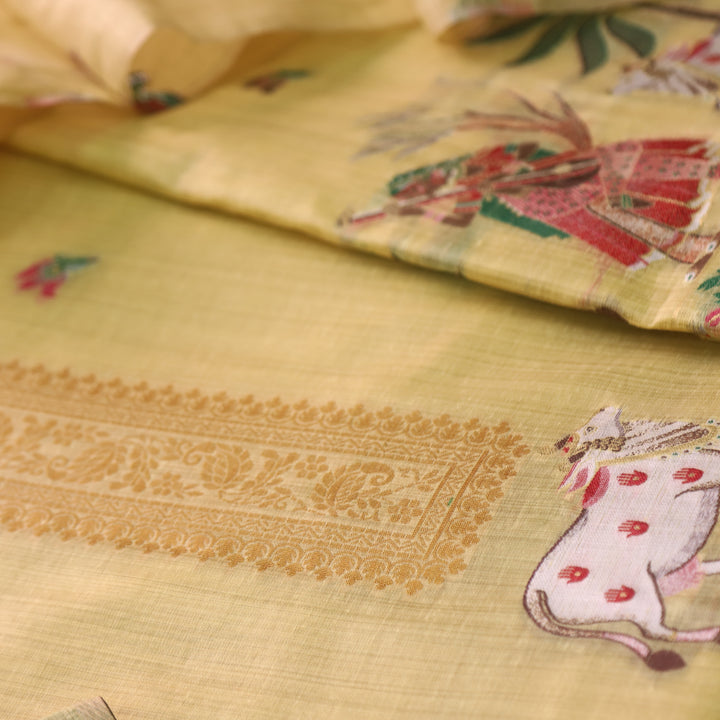 Kush Butter Yellow Pichwai Authentic Jamdani Weaved Hem Chanderi Suit Set