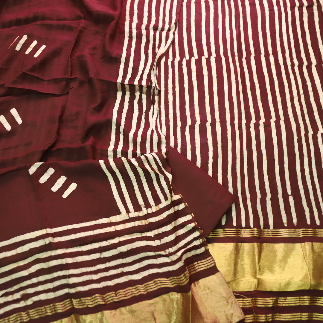 Sadafq Maroon Stripe Print Brocade Woven Hem Jam Satin Set