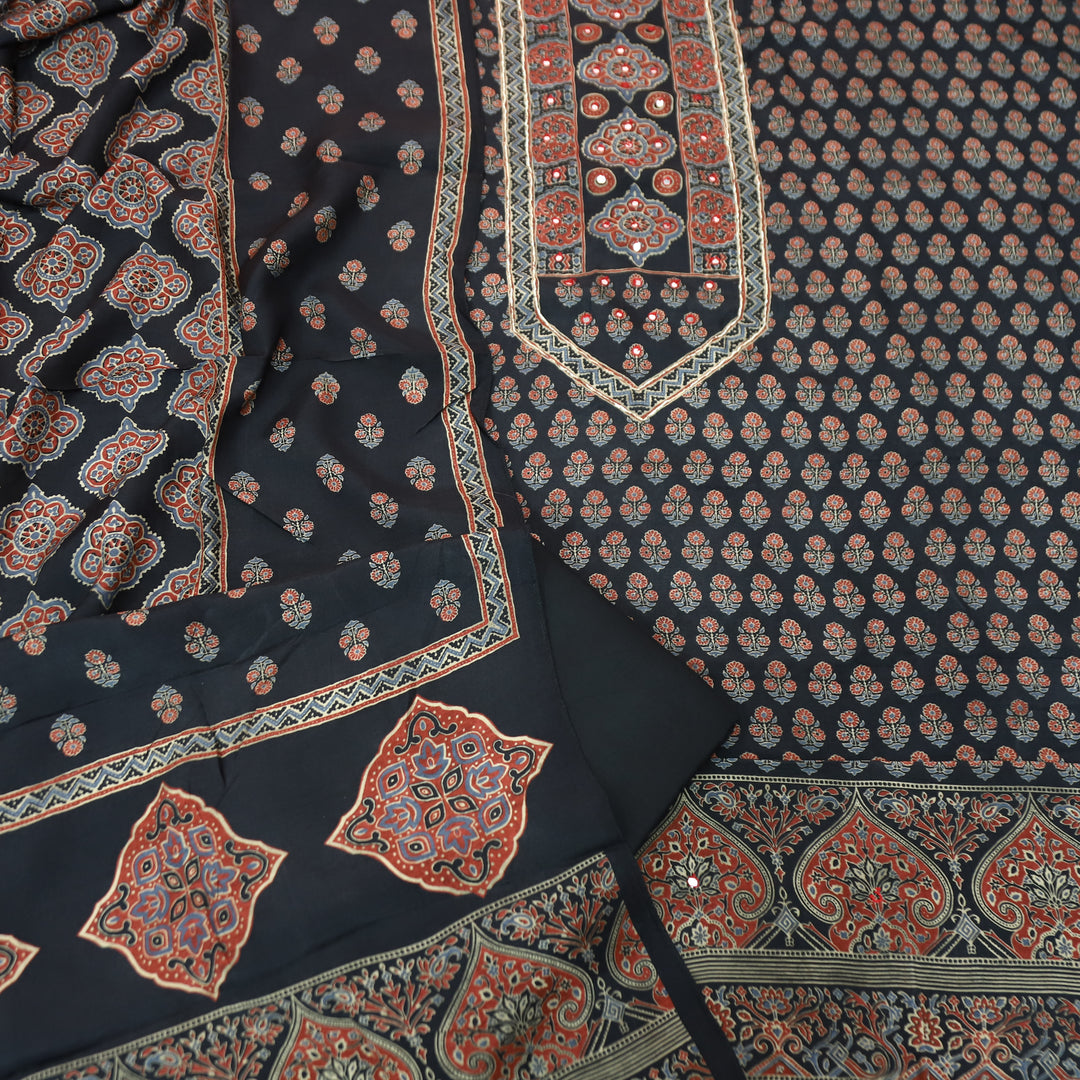 Prisha Ebony Black Patra Work Yoke Ajrakh Print Muslin Set