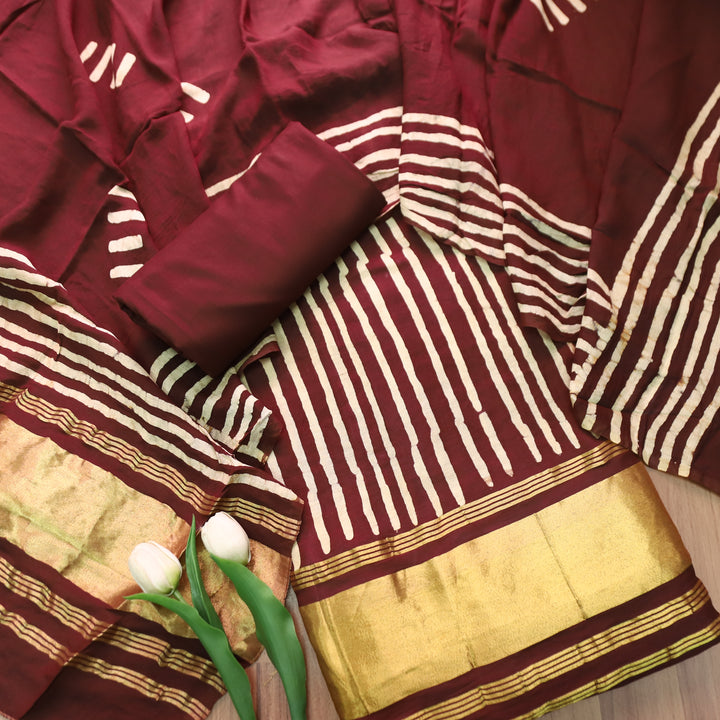 Sadafq Maroon Stripe Print Brocade Woven Hem Jam Satin Set