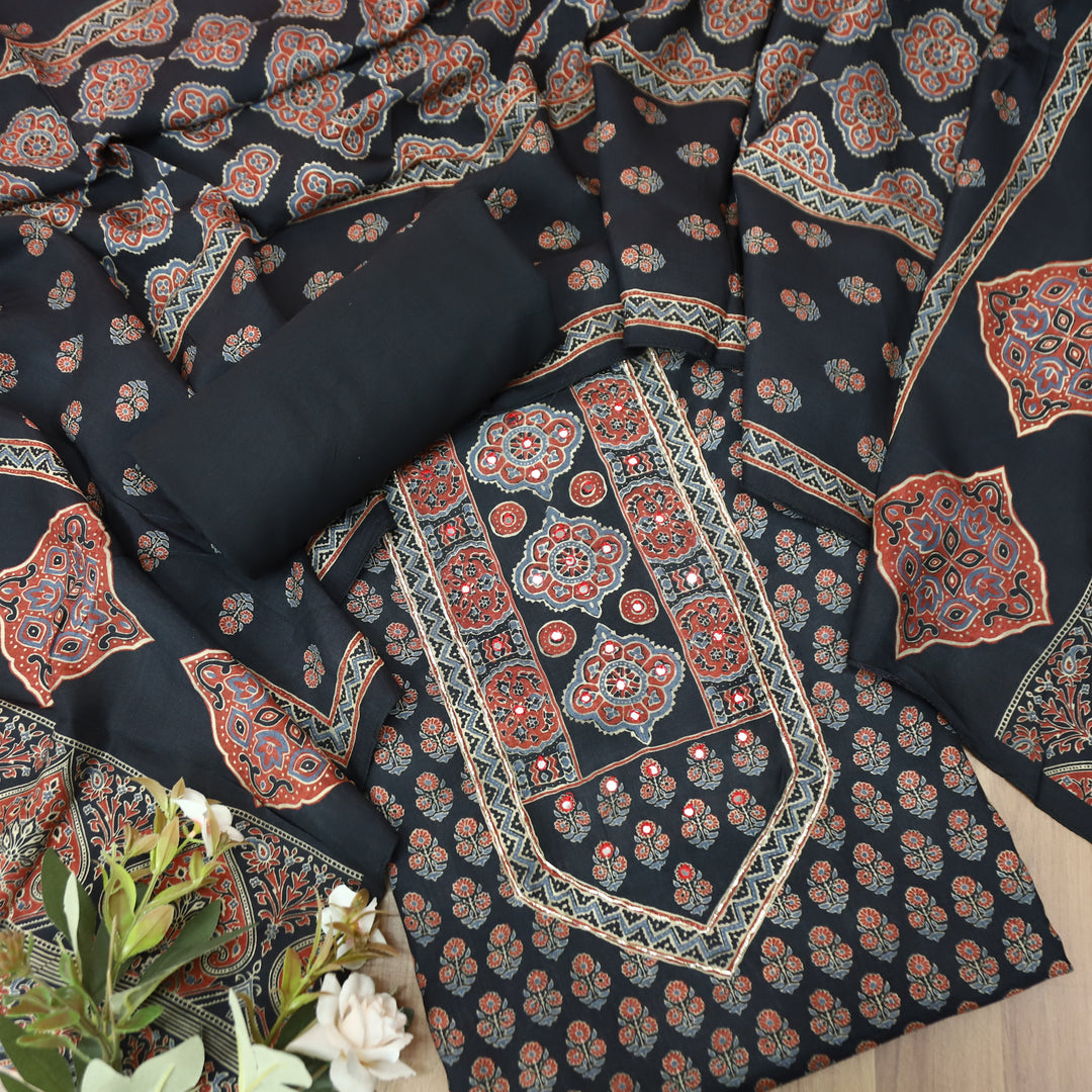 Prisha Ebony Black Patra Work Yoke Ajrakh Print Muslin Set